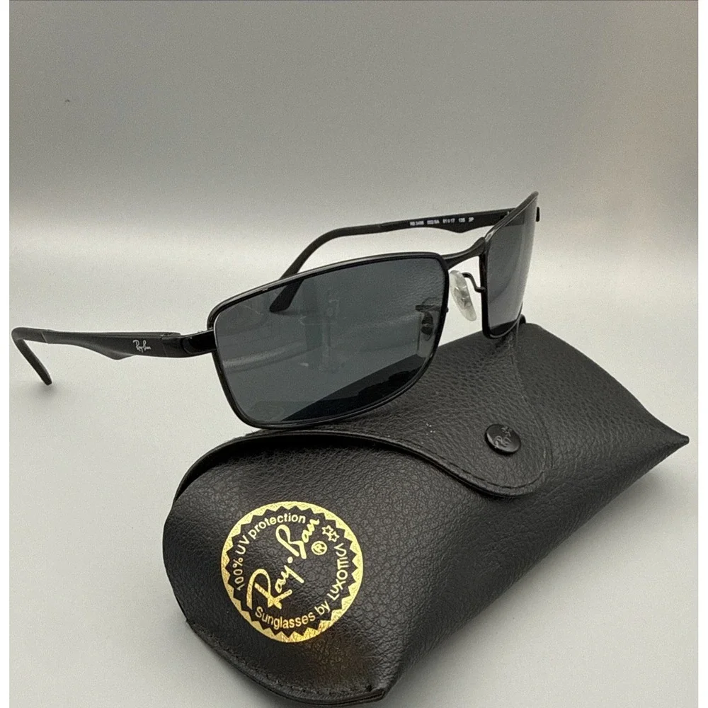 RAY-BAN RB3498 002/9A BLACK AUTHENTIC FULL RIM PILOT SUNGLASSES 61-17-135 & CASE